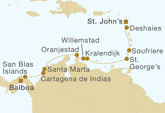 Royal Clipper - Panama to Antigua 14 Nights Itinerary Map