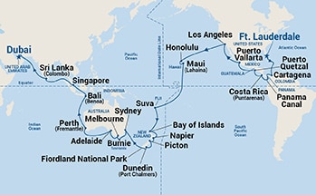 66-Day WC Liner - Panama Canal, South Pacific & Indian Ocean Itinerary Map