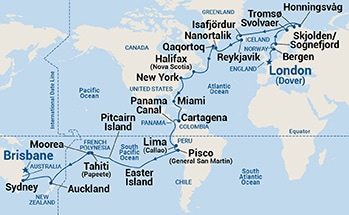 59-Day World Cruise Liner - London (Dover) to Brisbane Itinerary Map