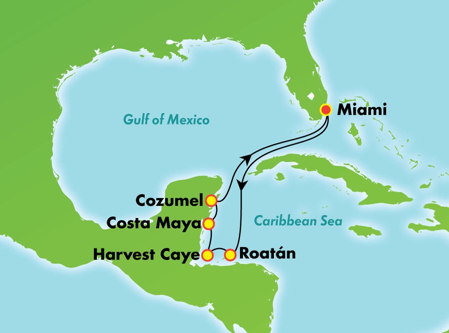 Caribbean: Harvest Caye, Cozumel & Roatan Itinerary Map